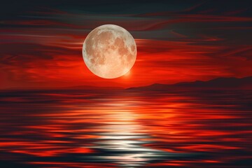 Lake landscape with a red moon, 4k wallpaper AI-generated Image. Beautiful simple AI generated image in 4K, unique.