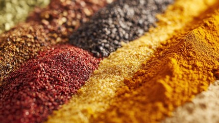 Assorted Spices Arranged In Visually Stunning Heaps Showing Different Colors, Textures And Granule Sizes.