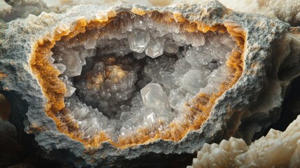 Geode With Vibrant Orange And Clear Quartz Crystals Highlighted Against A Rugged Grey Stone Background.