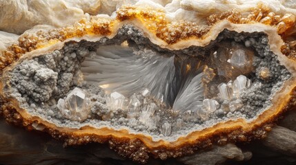 Fototapeta premium Geode With Golden Crystal Clusters And Detailed Formations, Exhibiting Nature’S Majestic Beauty In Golden Hue.