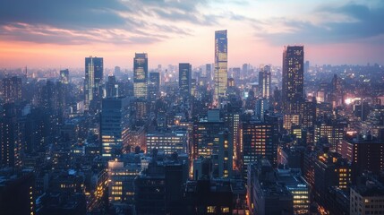 Naklejka premium Cityscape at Dusk with Vibrant Sky and Illuminated Buildings.