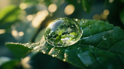 Crystal-Clear Water Droplet With Reflection Of Greenery Representing Purity And Natural Beauty.