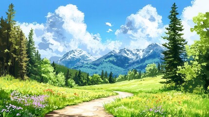 Fototapeta premium A landscape drawing of a mountain range with a road leading to it