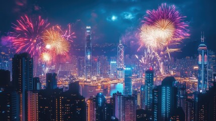 Obraz premium Hong Kong Skyline with Fireworks at Night.