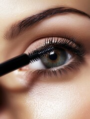 Stunning Glamorous Woman Applying Mascara Close-Up | Beauty and Makeup Routine | Professional Cosmetic Application Isolated on White Background | High-Resolution Commercial Stock Photo