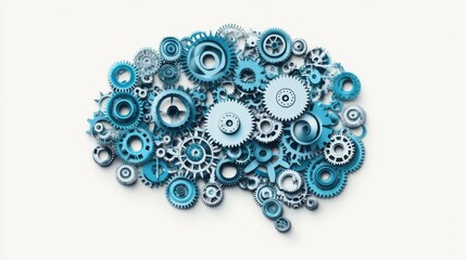 Artistic Brain Illustration Crafted From Interlocking Blue Gears On White, Symbolizing Human Creativity And Precision.