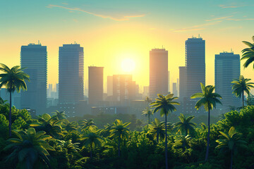 Tropical sun rising over modern city skyline illustration
