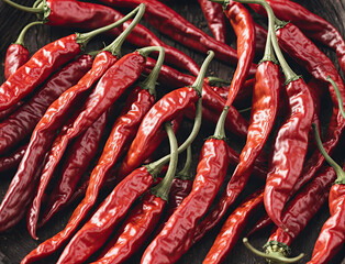 A bunch of red peppers are on a wooden table
