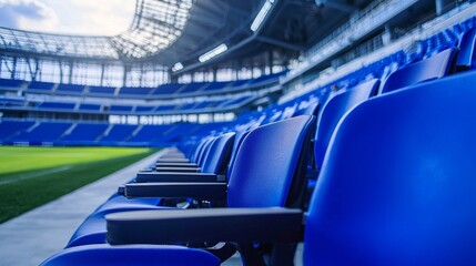 Fototapeta premium Blue seats on the grandstand of the football stadium.