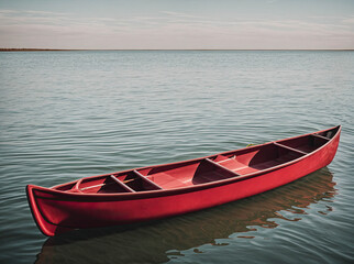 Naklejka premium A red canoe sits in the water, with the ocean in the background