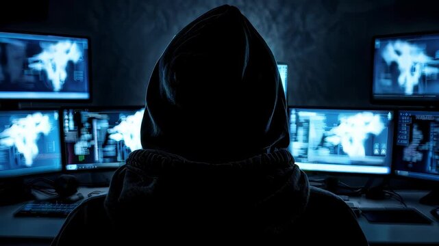 Dark room hacker with code and maps creating secretive atmosphere