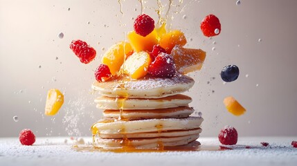 Fruit Salad and Pancakes Colliding In Colorful Splash