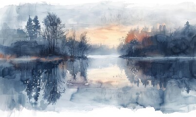 Fototapeta premium A painting of a lake with trees in the background