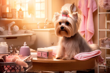 Dog in the hairdressers. Grooming. Dog care