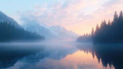 Fototapeta premium Serene Mountain Lake at Sunset with Fog and Reflections.