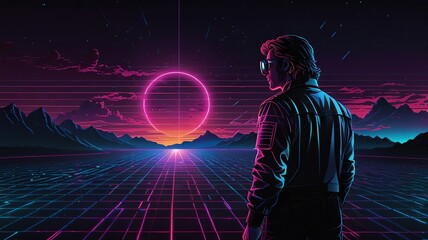 Obraz premium A futuristic city at night with glowing pink and blue lights.