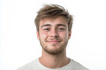 Fototapeta premium A young man of European appearance, in a state of joy, emotions, on a white background, medium plan