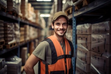 a male warehouse worker in a vest and cap stands against the background of a warehouse with boxes