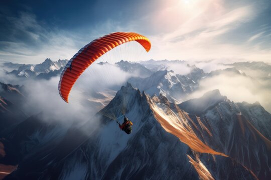 paraglider flies over the mountains, beautiful light