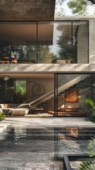 Fototapeta premium Minimalist urban villa with large, open spaces.