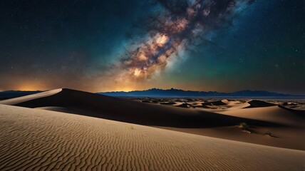 Naklejka premium A desert landscape with sand dunes under a night sky with the Milky Way