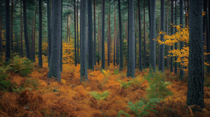 Fototapeta premium Golden Autumn Forest with Tall Pine Trees and Fern Undergrowth.