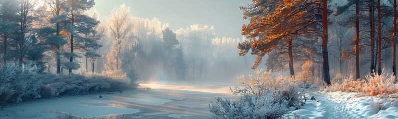 Snowy scene of a frozen river surrounded by trees and snow, Banner, Copy space