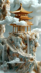 Obraz premium Jade carving landscape ancient building abstract illustration poster background