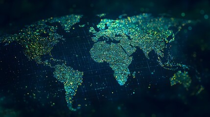 Naklejka premium Glowing Digital World Map with Interconnected Dots and Pixels