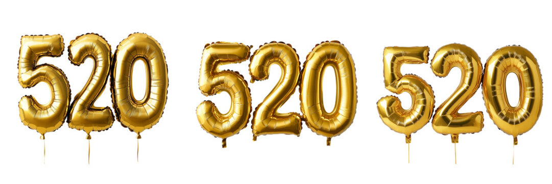 Golden 520 numbers balloons isolated on transparent background