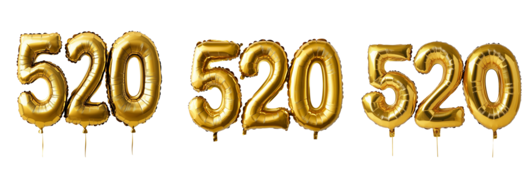 Golden 520 numbers balloons isolated on transparent background