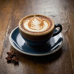 Elegant Cappuccino with Latte Art - Close-Up of Coffee Cup on Rustic Wooden Table