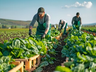 Farmers harvesting fresh spinach in a vast green field during a sunny day