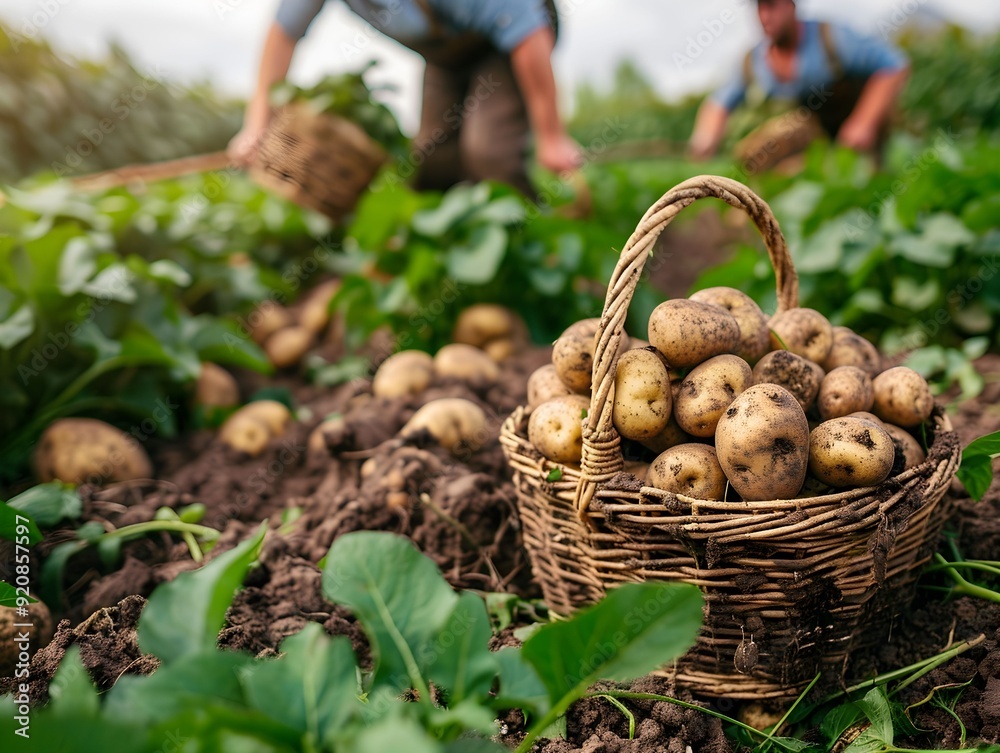 Poster farmers harvesting fresh potatoes in a lush field during the day