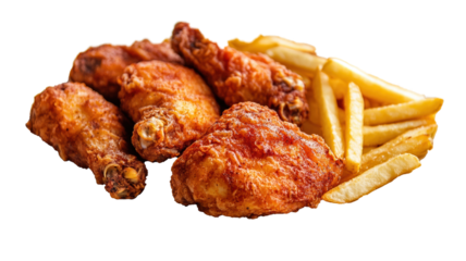 Set Crispy Chicken with French Fries Isolated on a Transparent Background, Fast Food, Street Food.