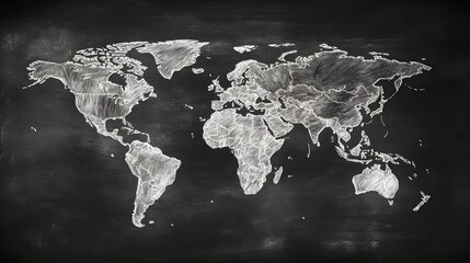 Hand Drawn World Map on Chalkboard Background with Vintage Aesthetic