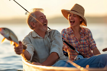 Fototapeta premium Man and woman fishing from a boat, laughing as one of them reels in a big fish.