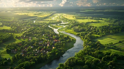 Vast landscape showing a river winding through lush green fields and a village on a sunny afternoon
