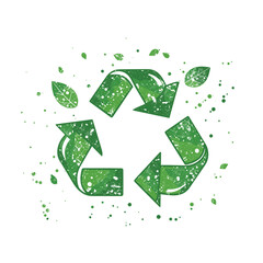 Green recycling logo with leaf accents.
