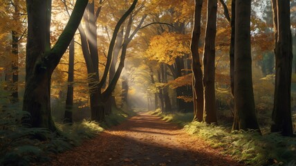 Fototapeta premium A sunlit autumn forest path with golden leaves and sunlight beams
