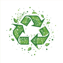 Green recycling logo with leaf accents.
