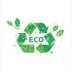 Green recycling logo with leaf accents.
