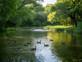 Fototapeta premium Ducks swimming in a tranquil pond surrounded by lush greenery in the afternoon