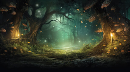 Mystical Forest. Dreamlike landscape. Colorful trees with delicate pastel palette.