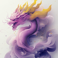 A purple golden dragon gracefully walks, surrounded by flowing designs and golden circular elements