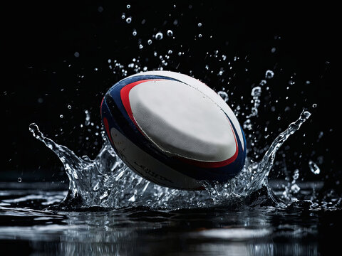 A powerful rugby ball in splashes and waves of water on a black background in dynamics and movement