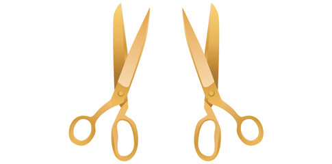 Right And Left Angle Of Golden Scissors On White Background, Open Cutting Supplies Vector Illustration.	