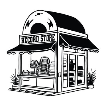 Hand drawn retro cartoon illustration of record store