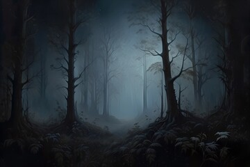  night in the forest trees without foliage and thick fog AI generated