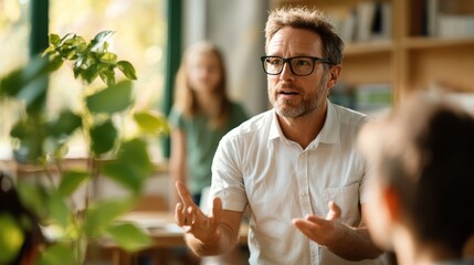 A teacher with glasses explaining a plant to students in a classroom, emphasizing the educational impact of hands-on learning and student-teacher interaction.